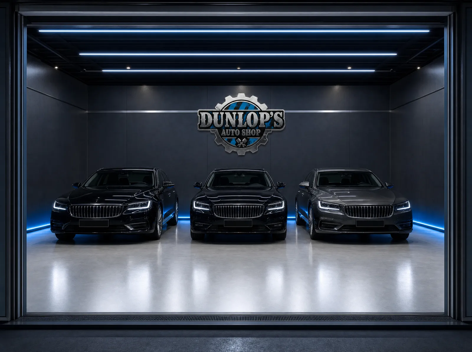 Three dark saloon cars parked in a clean workshop bay at night beneath the Dunlop's Auto Shop badge