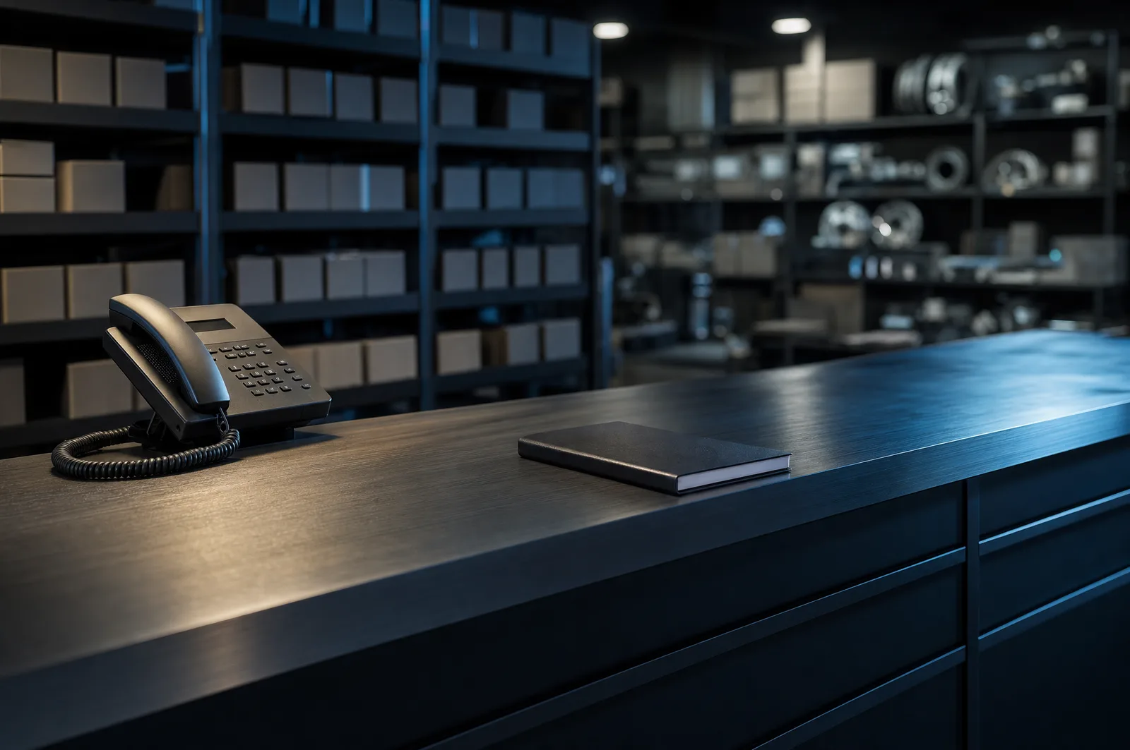 A telephone and a closed notebook on a parts trade counter, with stock shelving behind