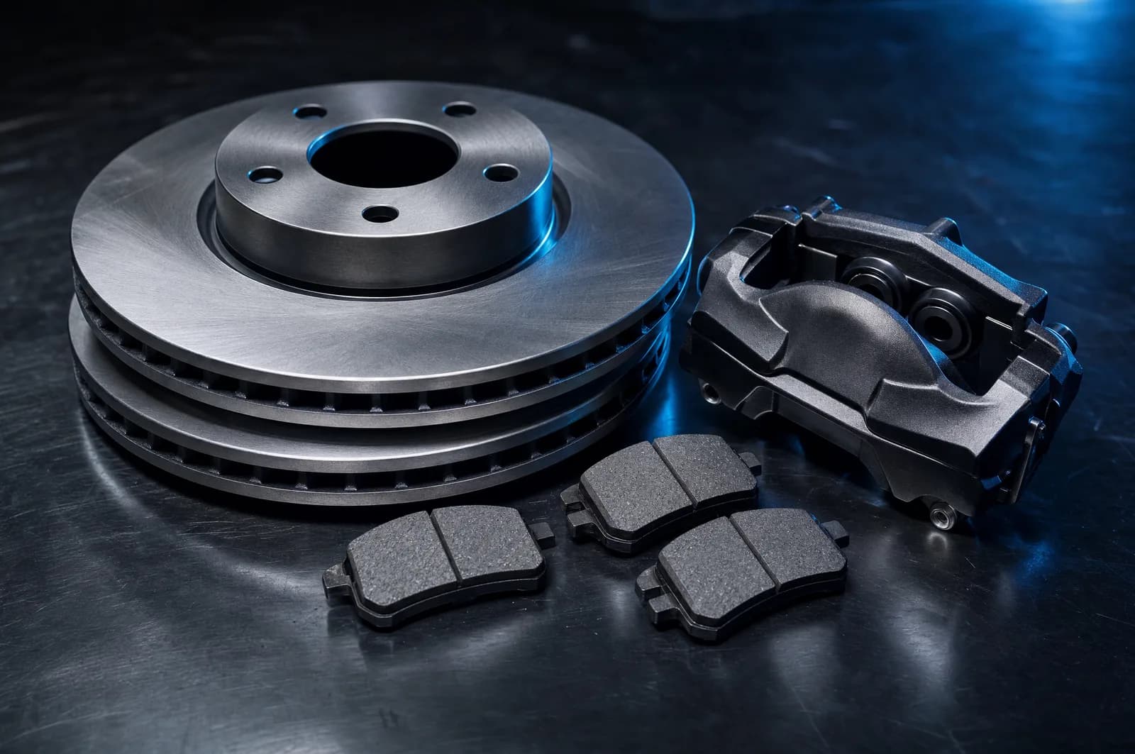 Brake discs and pads arranged on a dark workshop surface under directional light