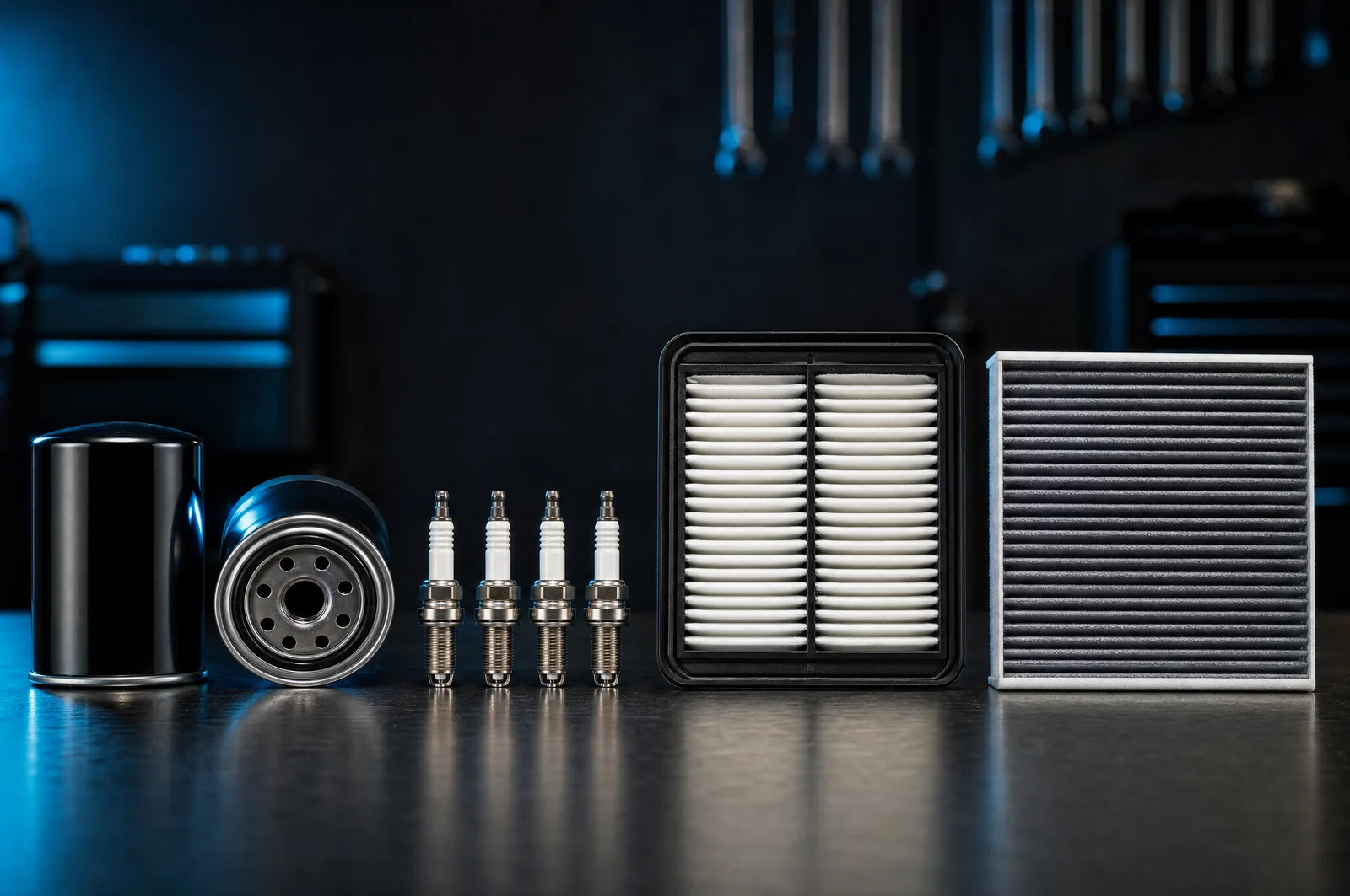 Oil filters, spark plugs and service components laid out in order on a workshop bench