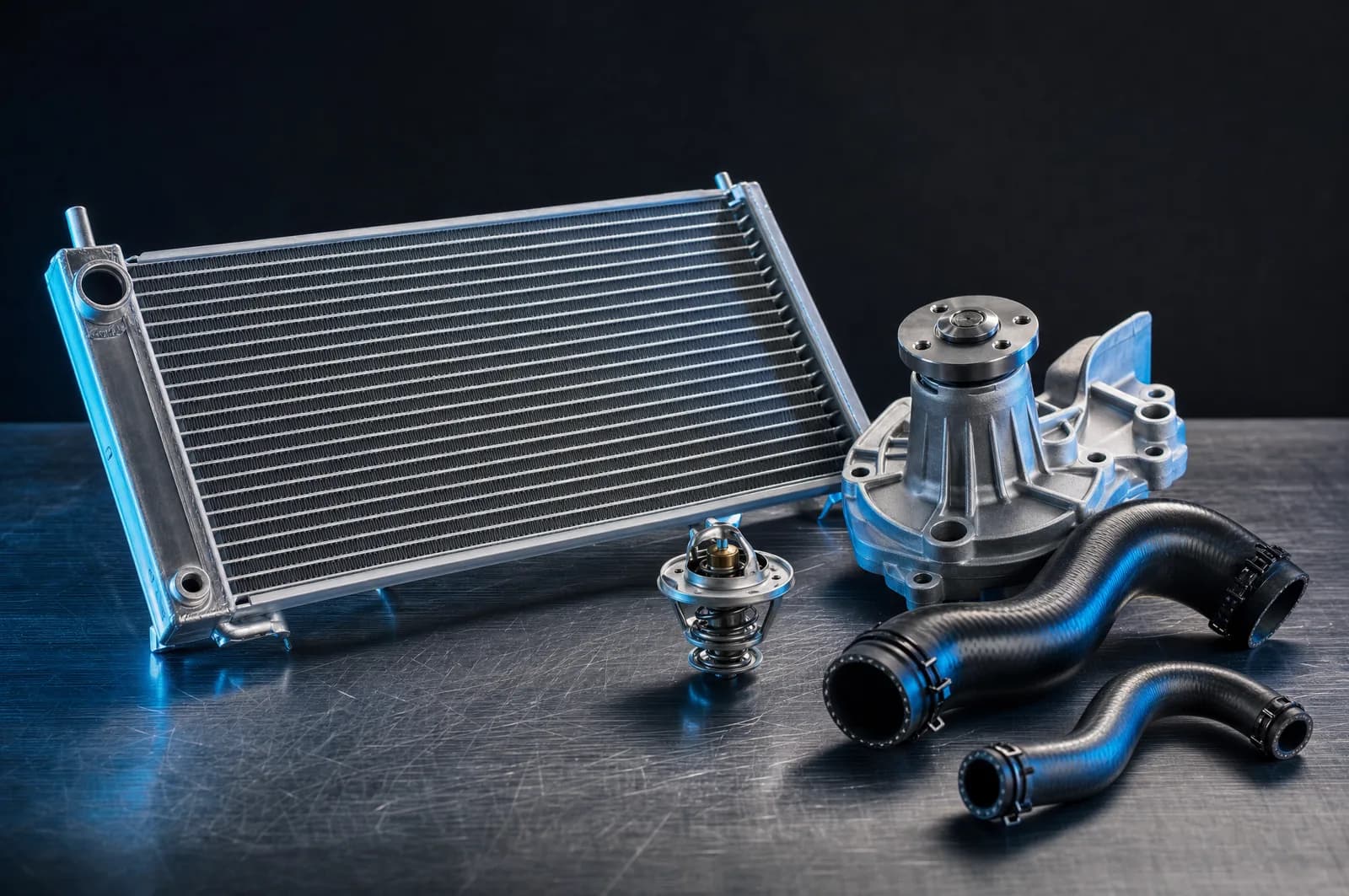 Radiator, thermostat and coolant hoses arranged on a workshop surface