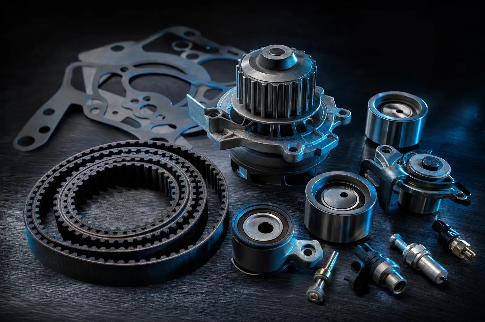 Timing belt, gaskets and engine sensors set out on a clean workshop bench